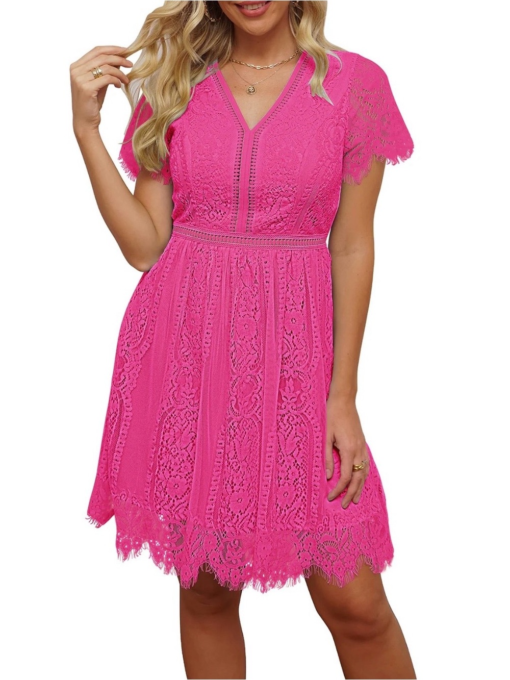 Hot Pink Lace A-Line Dress with V-Neck